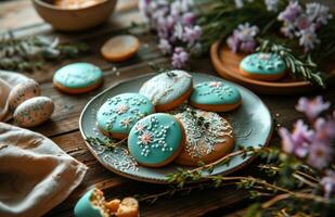 ai generado Pascua de Resurrección galletas son en un mesa con flores y algunos foto