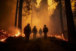 AI generated four firefighters walk through a forest with flames photo
