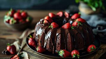 ai generado oscuro chocolate bundt pastel con ganache Formación de hielo y fresa foto