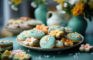 AI generated easter cookies are on a table with flowers and some photo