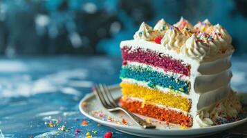 AI generated Delicious Rainbow Cake with Whipped Cream Topping photo