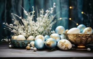 AI generated easter eggs and decorations on a rustic wooden table photo