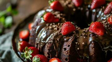 AI generated Dark Chocolate Bundt Cake with Ganache Icing and Strawberry photo