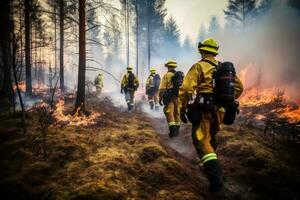 ai generado cuatro bomberos caminar mediante un bosque con llamas foto