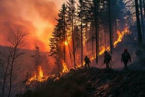 ai generado cuatro bomberos caminar mediante un bosque con llamas foto