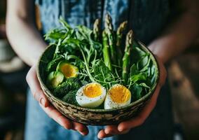 AI generated hand held image of someone holding a bowl of greens, eggs photo