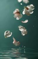 AI generated floating white flower petals on green background float photo