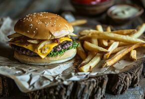 ai generado francés papas fritas son metido en un papel y hamburguesa con queso foto