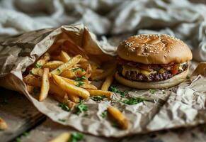 ai generado francés papas fritas son metido en un papel y hamburguesa con queso foto