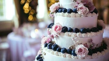 AI generated White wedding cake with flowers and blueberries photo