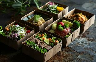 ai generado cinco diferente comida cajas con diferente tipos de carne foto