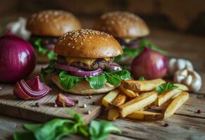 ai generado hamburguesas y papas fritas con cebolla y ajo foto