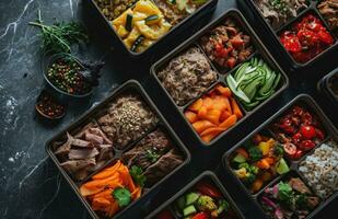 AI generated five different meal boxes with different types of meat photo