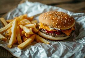 ai generado francés papas fritas son metido en un papel y hamburguesa con queso foto