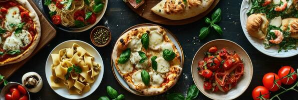 AI generated Full table of italian meals on plates Pizza, pasta, ravioli photo