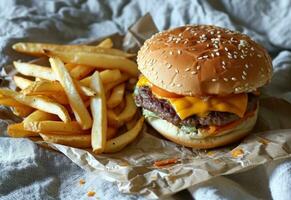 ai generado francés papas fritas son metido en un papel y hamburguesa con queso foto