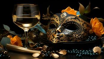 AI generated Luxury party wine, masks, costumes, elegance, champagne, gold jewelry generated by AI photo