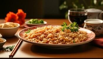 ai generado sano comida vegetariano risotto con Fresco vegetales y hierbas generado por ai foto