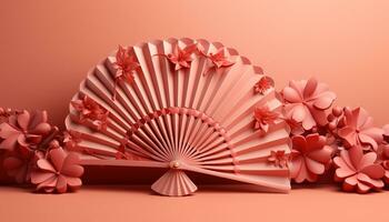 AI generated A beautiful pink folded paper fan, a summer souvenir generated by AI photo