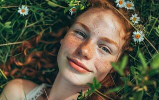 ai generado niña con flores en su cabeza acostado en el verde césped foto