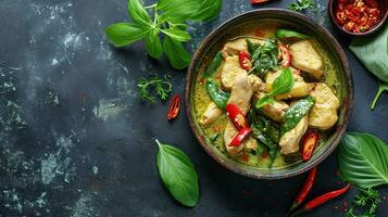 AI generated Green curry with chicken in bowl on dark background photo