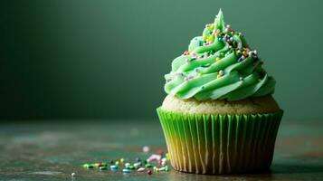 AI generated Green birthday cupcake with copy space photo