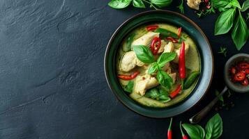 AI generated Green curry with chicken in bowl on dark background photo