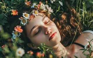 AI generated girl with flowers on her head lying on the green grass photo