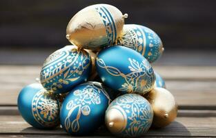 AI generated golden easter eggs stacked on a wooden table photo