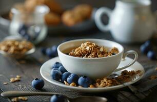 AI generated granola, blueberries, milk and tea photo