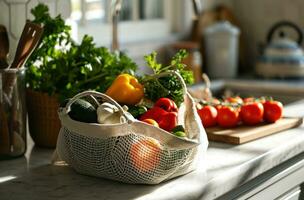 AI generated organic produce in a bag on kitchen counter photo