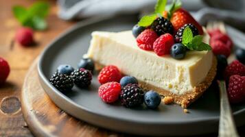 AI generated Homemade cheesecake with fresh berries and mint for dessert photo