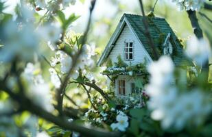 AI generated house house design on the blossom tree on spring photo