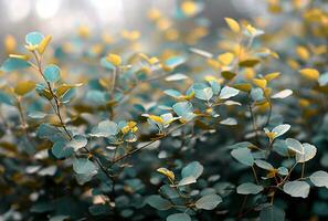 AI generated green leaves and green branches in full bokeh effect photo