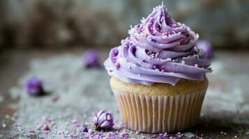 AI generated Lavender birthday cupcake with copy space photo