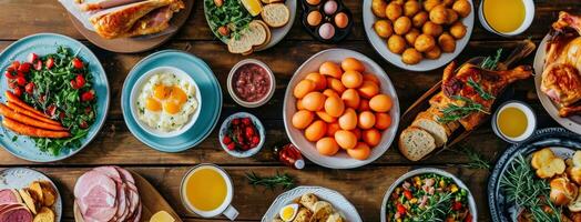 ai generado muchos platos de Pascua de Resurrección huevos, zanahorias, jamón foto