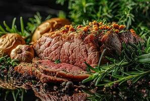 AI generated meat with herbs and spices on surface over dark background photo