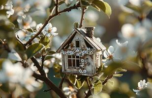 AI generated house house design on the blossom tree on spring photo