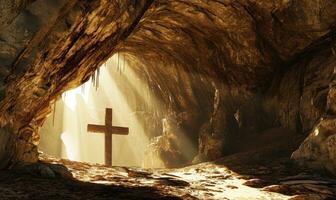 ai generado de Jesús crucifijo en el cueva a amanecer foto