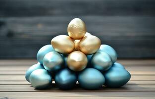 AI generated golden easter eggs stacked on a wooden table photo