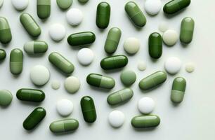 AI generated several green and white gel pills on white background photo