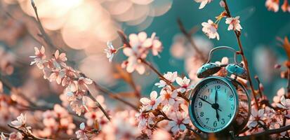 ai generado un alarma reloj siguiente a un cierne Cereza árbol en un de madera cubierta foto