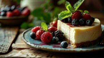 AI generated Homemade cheesecake with fresh berries and mint for dessert photo