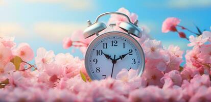 AI generated an alarm clock next to a blossoming cherry tree on a wooden deck photo
