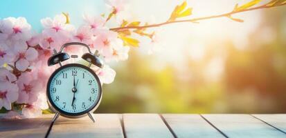 ai generado un alarma reloj siguiente a un cierne Cereza árbol en un de madera cubierta foto