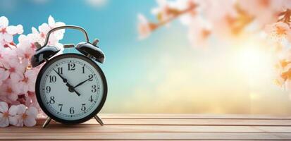 AI generated an alarm clock next to a blossoming cherry tree on a wooden deck photo