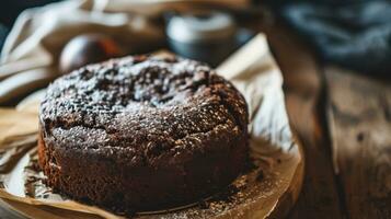 AI generated Homemade chocolate cake on baking paper, rustic style photo