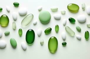 AI generated several green and white gel pills on white background photo