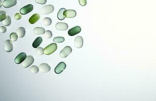 AI generated several green and white gel pills on white background photo