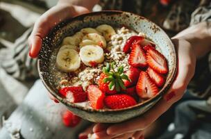 AI generated people holding a bowl of oatmeal with strawberries and bananas photo